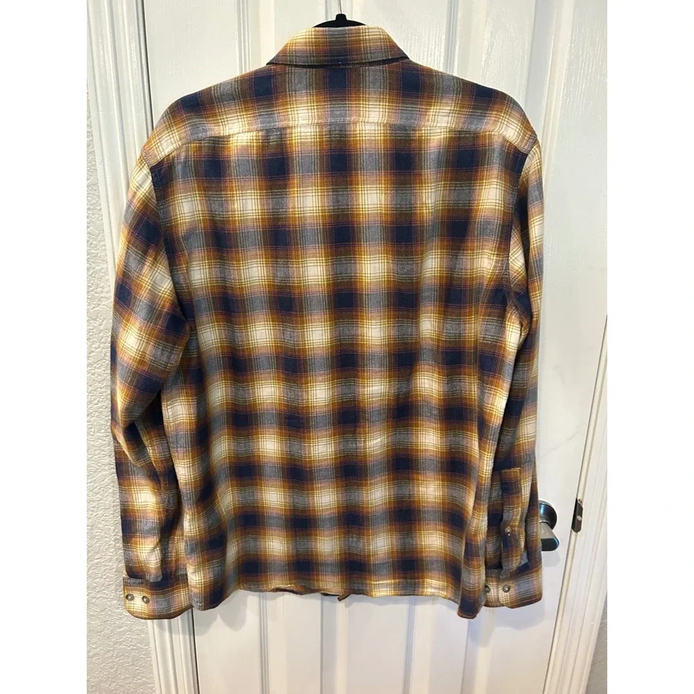 Banana Republic Flannel Shirt Yellow Navy Plaid Herringbone Cotton Button Down